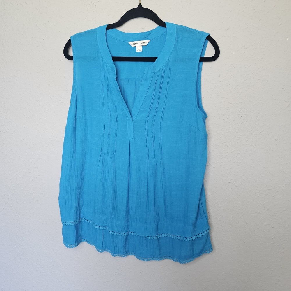 Counterparts Womens Turquoise Blue Pintuck Sleeveless Blouse Pom Trim Large‎
